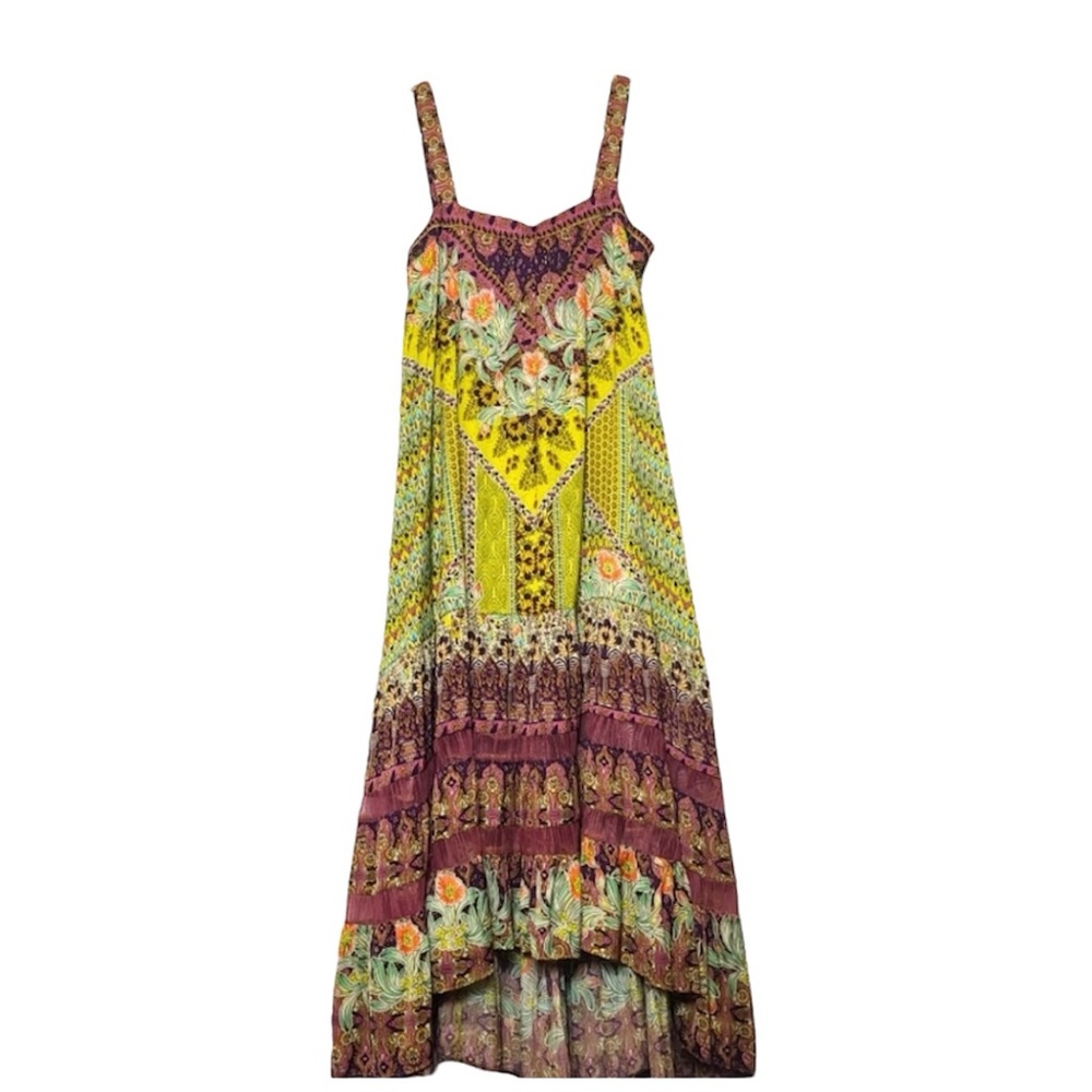 Gorgeous Anthropologie Purple & Green Floral Mixed Print Tiered Maxi Dress - Picture 2 of 9